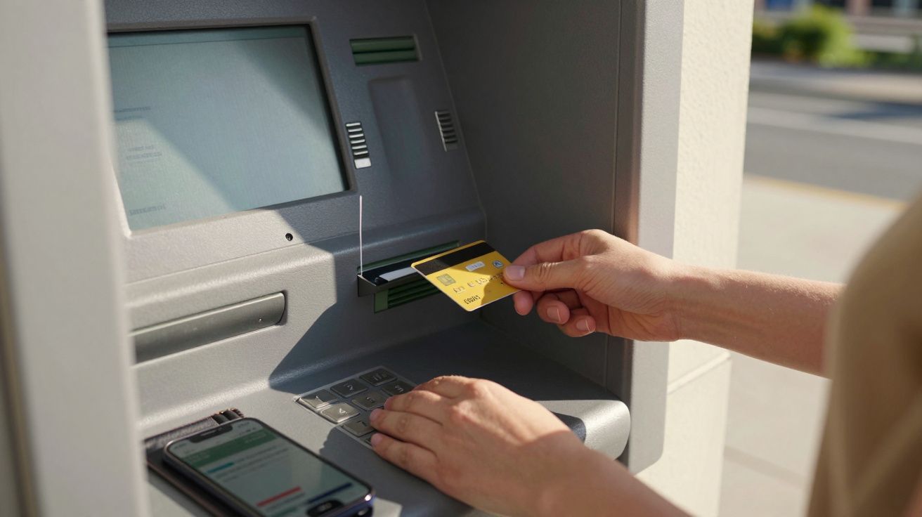 Persona usando un cajero automático, insertando una tarjeta amarilla y un teléfono móvil sobre el teclado.