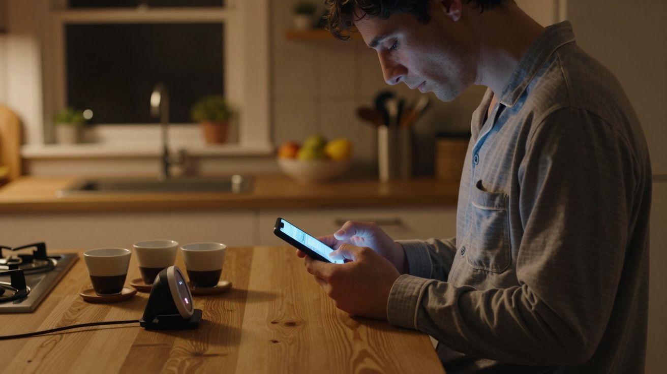 Hombre usando teléfono en la cocina de noche, con luz suave y tazas de café en la mesa.