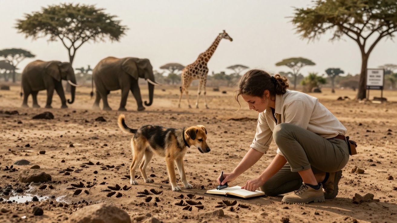 Mujer tomando notas en una sabana con elefantes y jirafa al fondo; un perro está a su lado.
