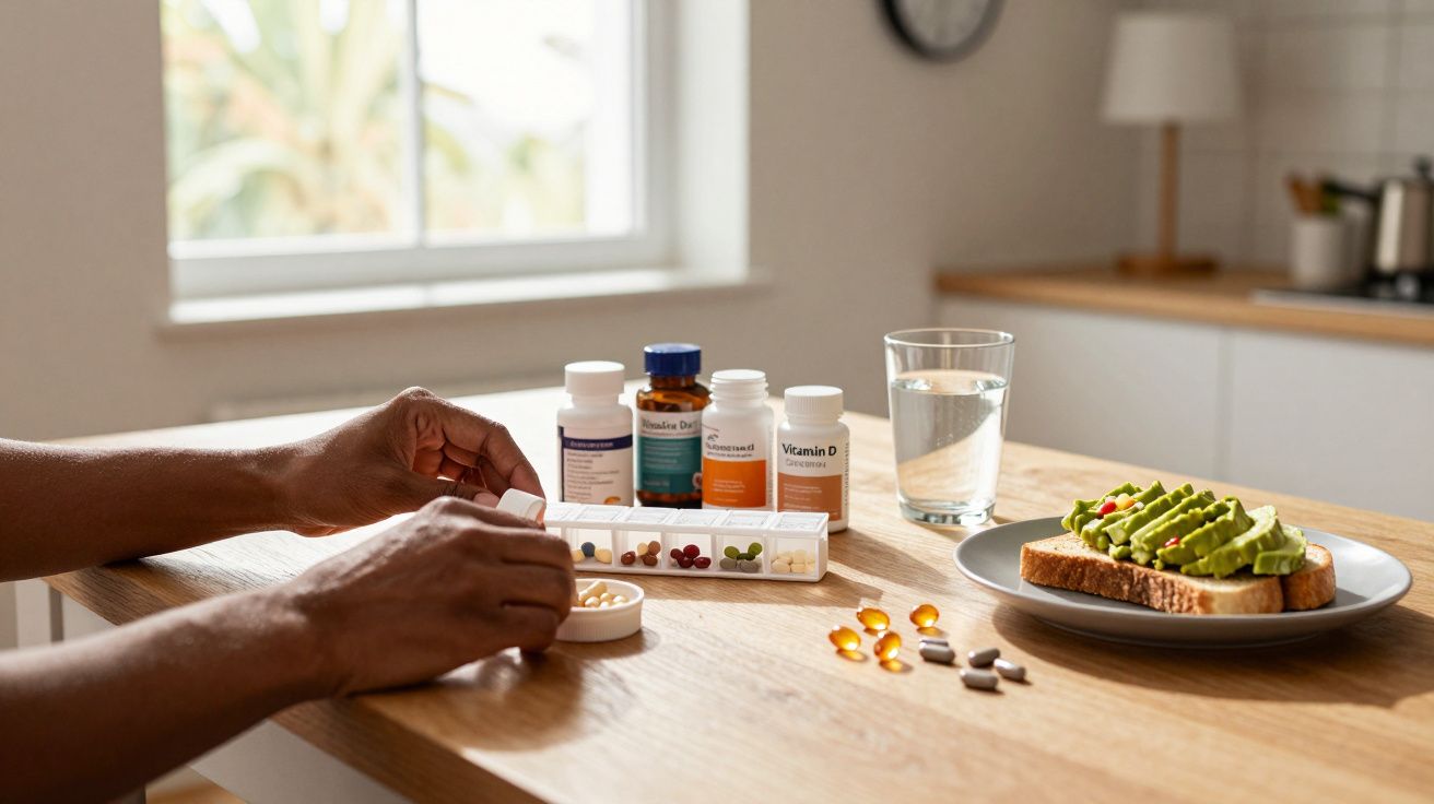 Persona organizando pastillas en una mesa con frascos de vitaminas, un vaso de agua y tostada con aguacate al fondo.