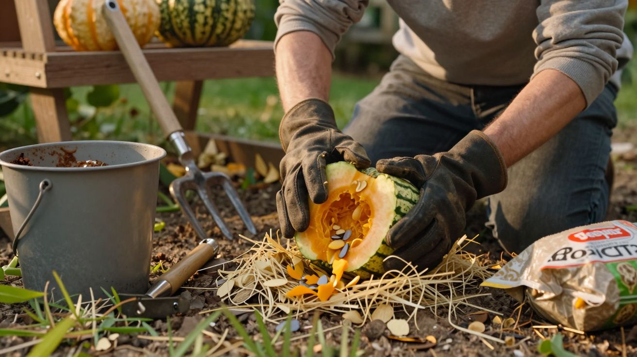 Persona con guantes abriendo una calabaza en un jardín, rodeado de herramientas y paja.
