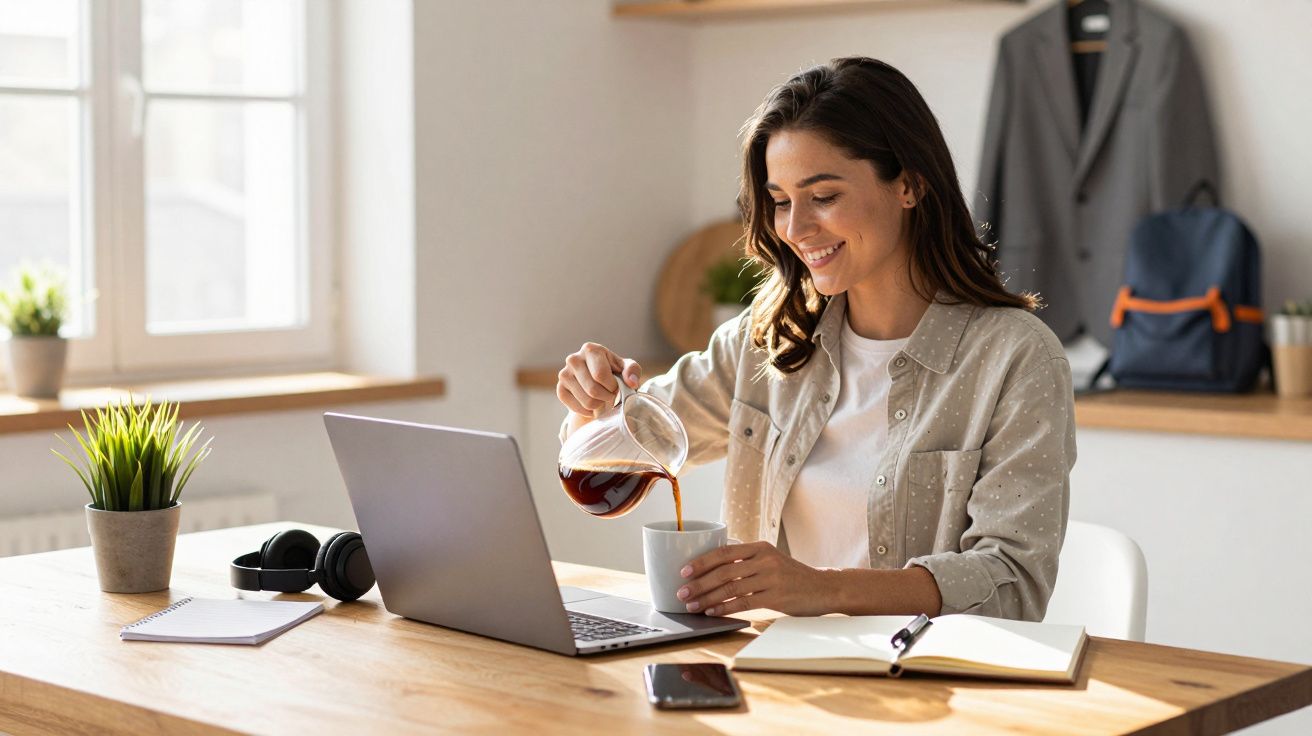 Mujer sonriente sirviendo café mientras trabaja en un portátil en un escritorio con plantas y cuadernos.