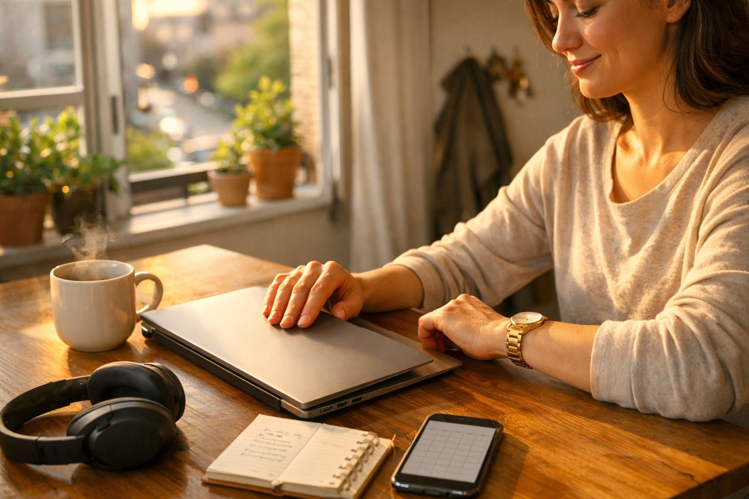 Hombre con casco de bicicleta en la mano, frente a un portátil, sosteniendo llaves, en una oficina luminosa.