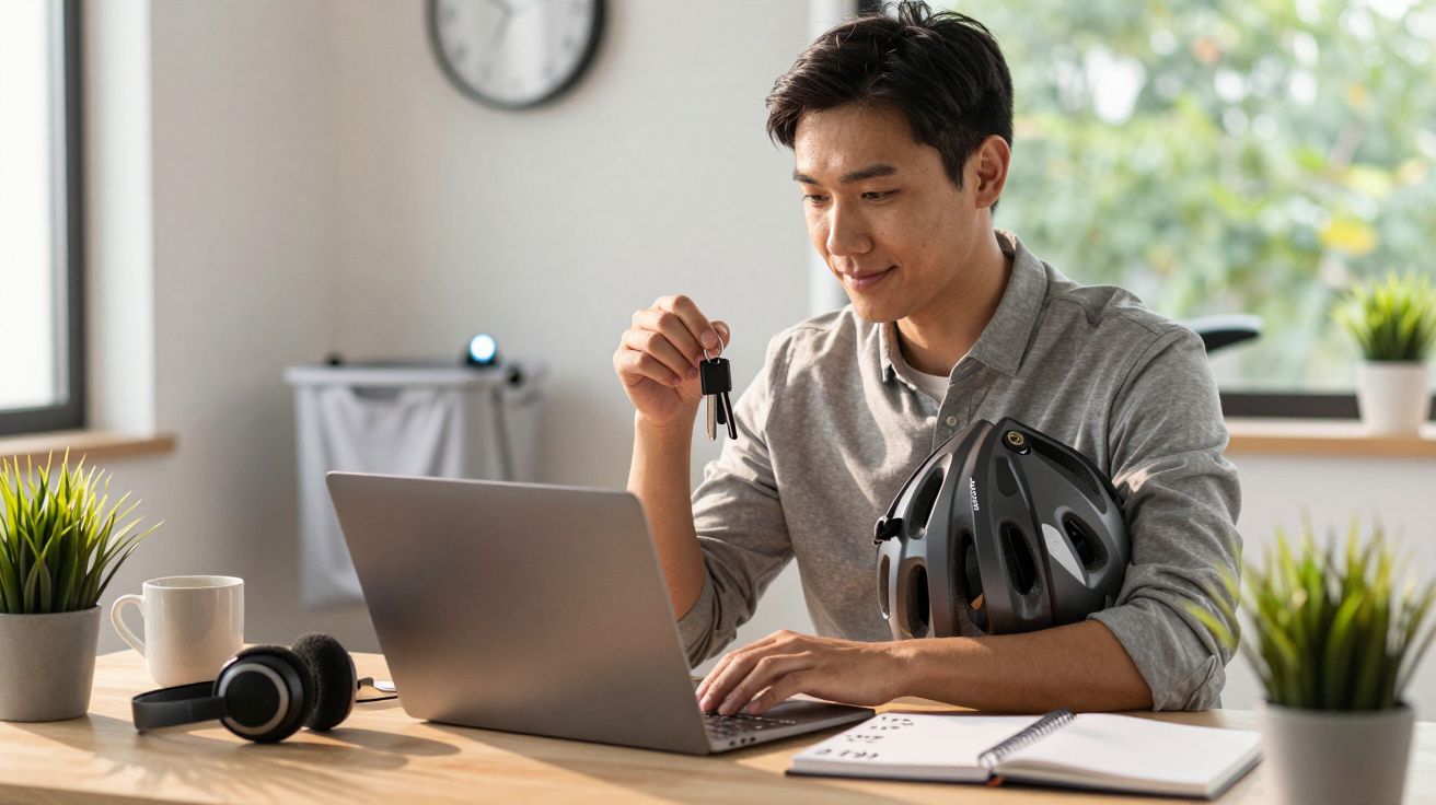 Hombre con casco de bicicleta trabajando en portátil en escritorio con plantas y auriculares.