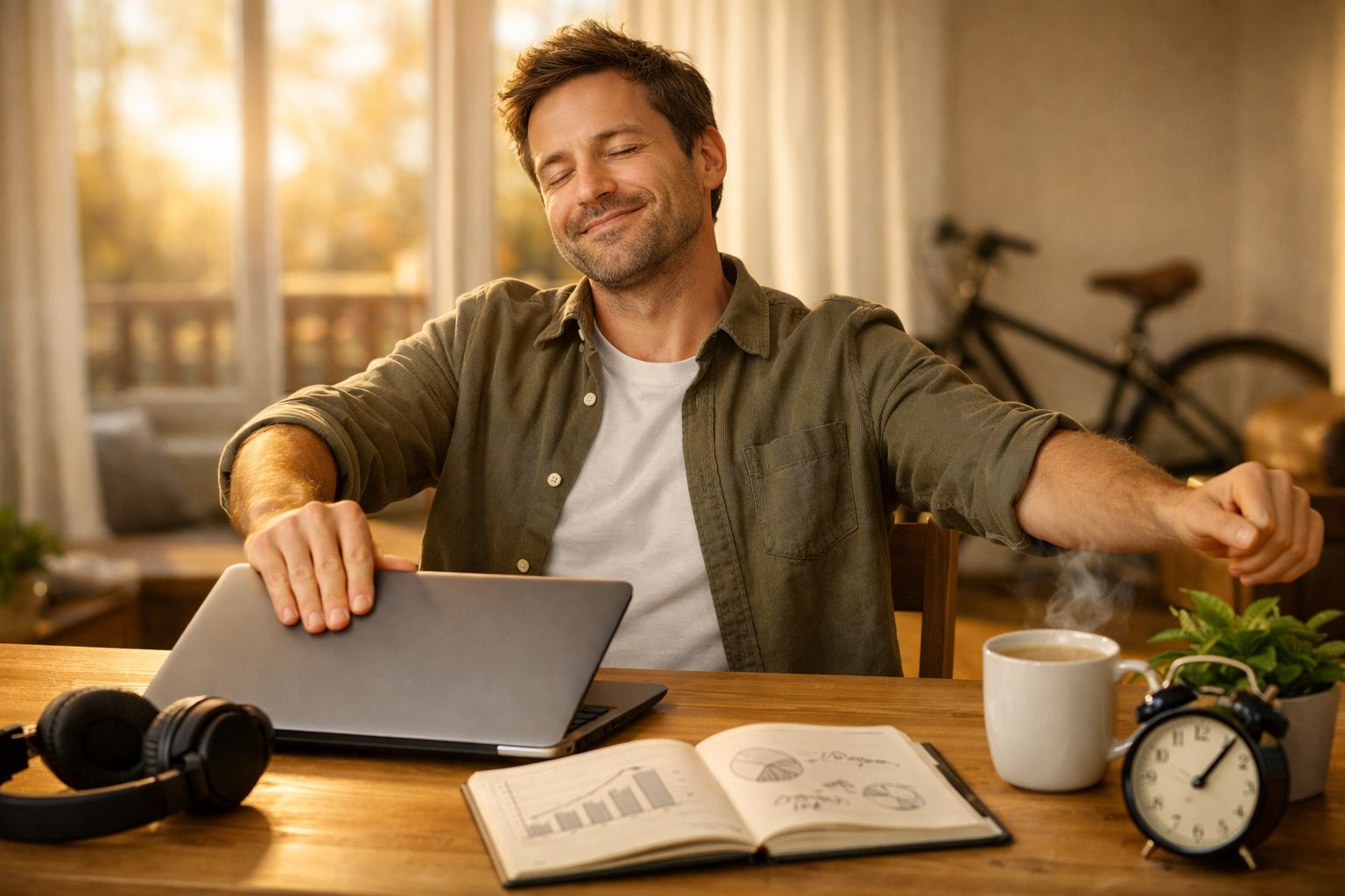 Mujer sonriente estirándose frente al portátil, con café y reloj sobre la mesa, fondo con bicicleta y luz de atardecer.