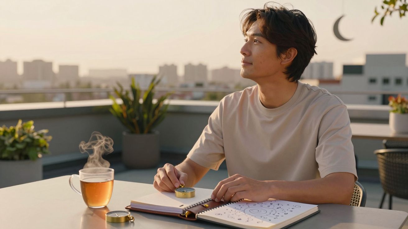 Hombre pensativo en una terraza al atardecer con cuaderno, taza de té y plantas al fondo.