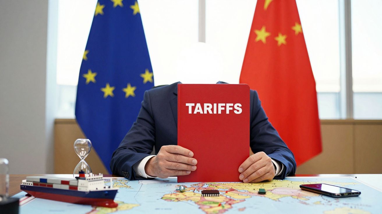 Persona con carpeta "TARIFFS" ante banderas de la UE y China, sentado frente a un mapa con un barco de juguete y reloj de are