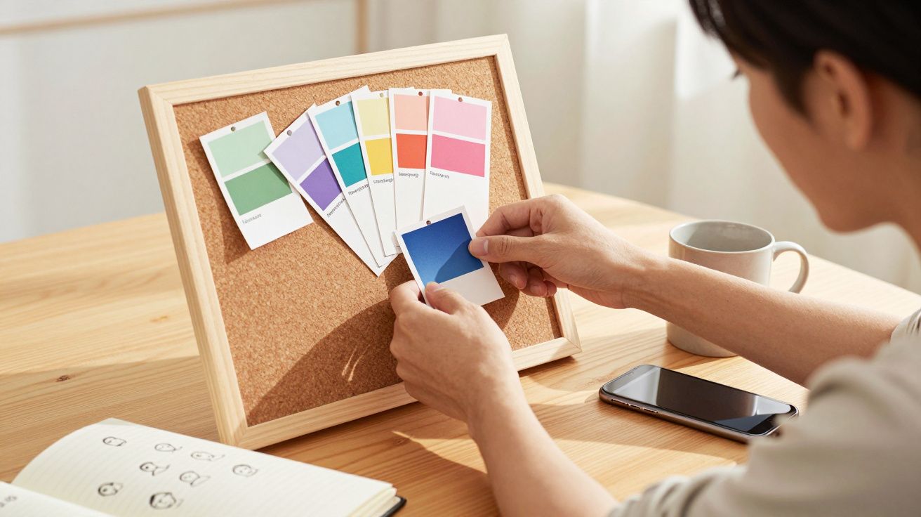 Persona seleccionando muestras de colores sobre un tablero de corcho, con móvil y taza de café en la mesa.