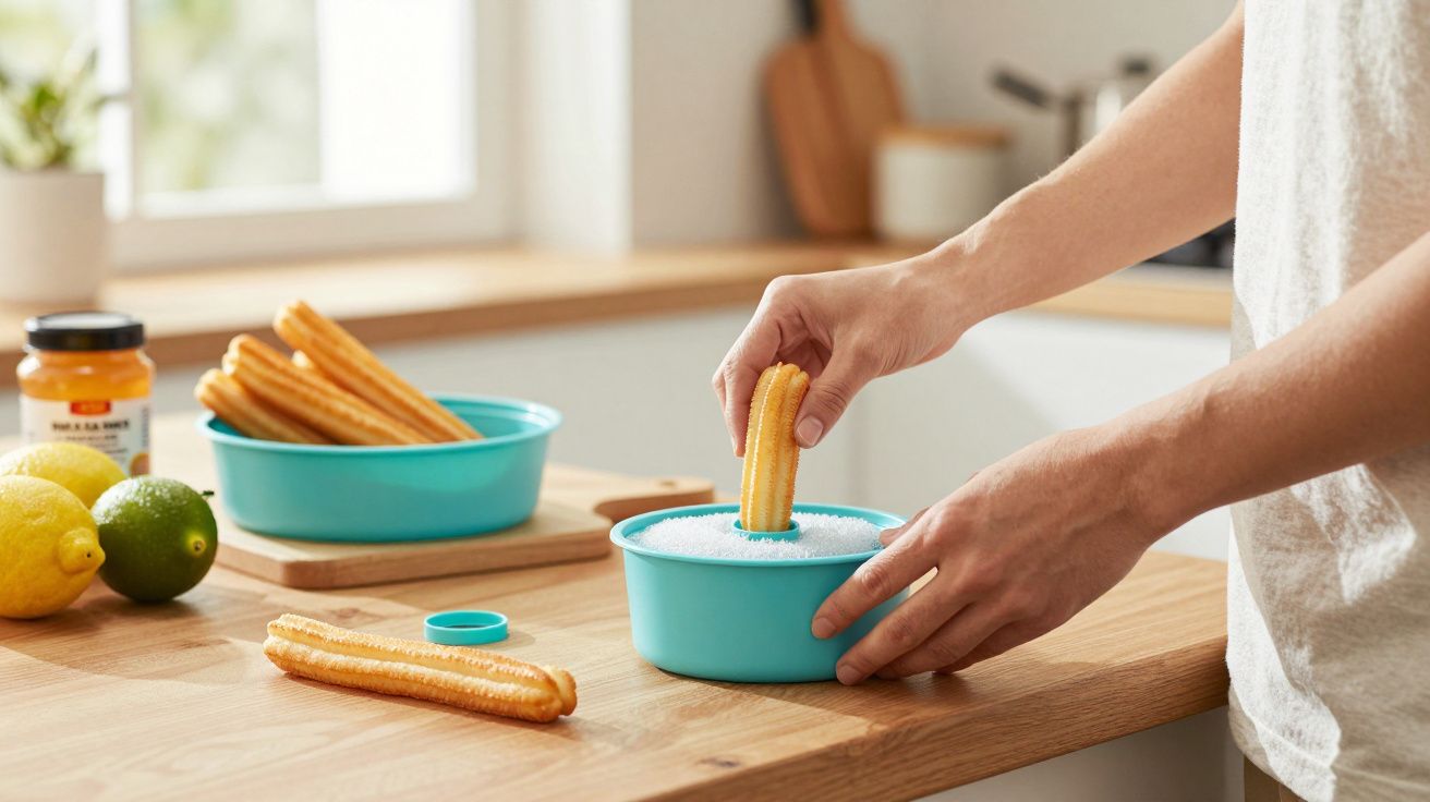 Persona sumergiendo churro en azúcar en cuenco azul sobre encimera de cocina con limones y tarro al fondo.