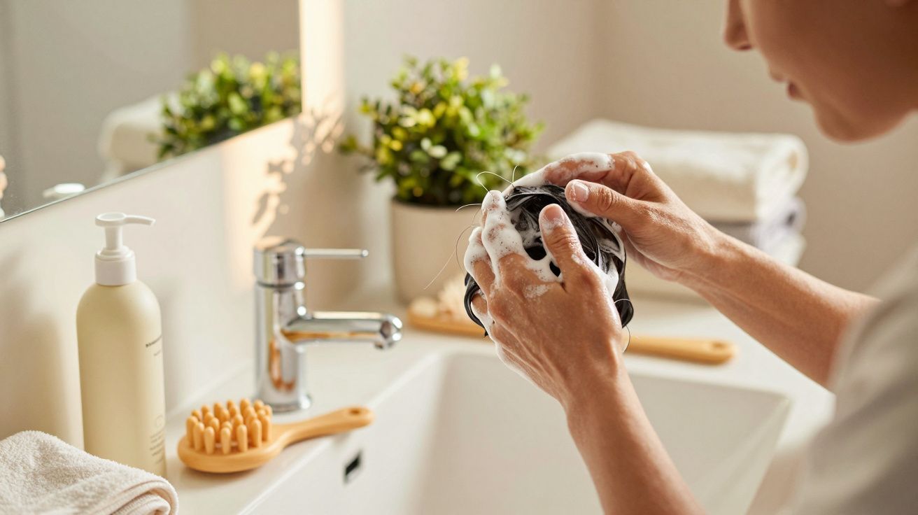 Persona lavando el cabello en un baño, con jabón y cepillo sobre el lavabo.