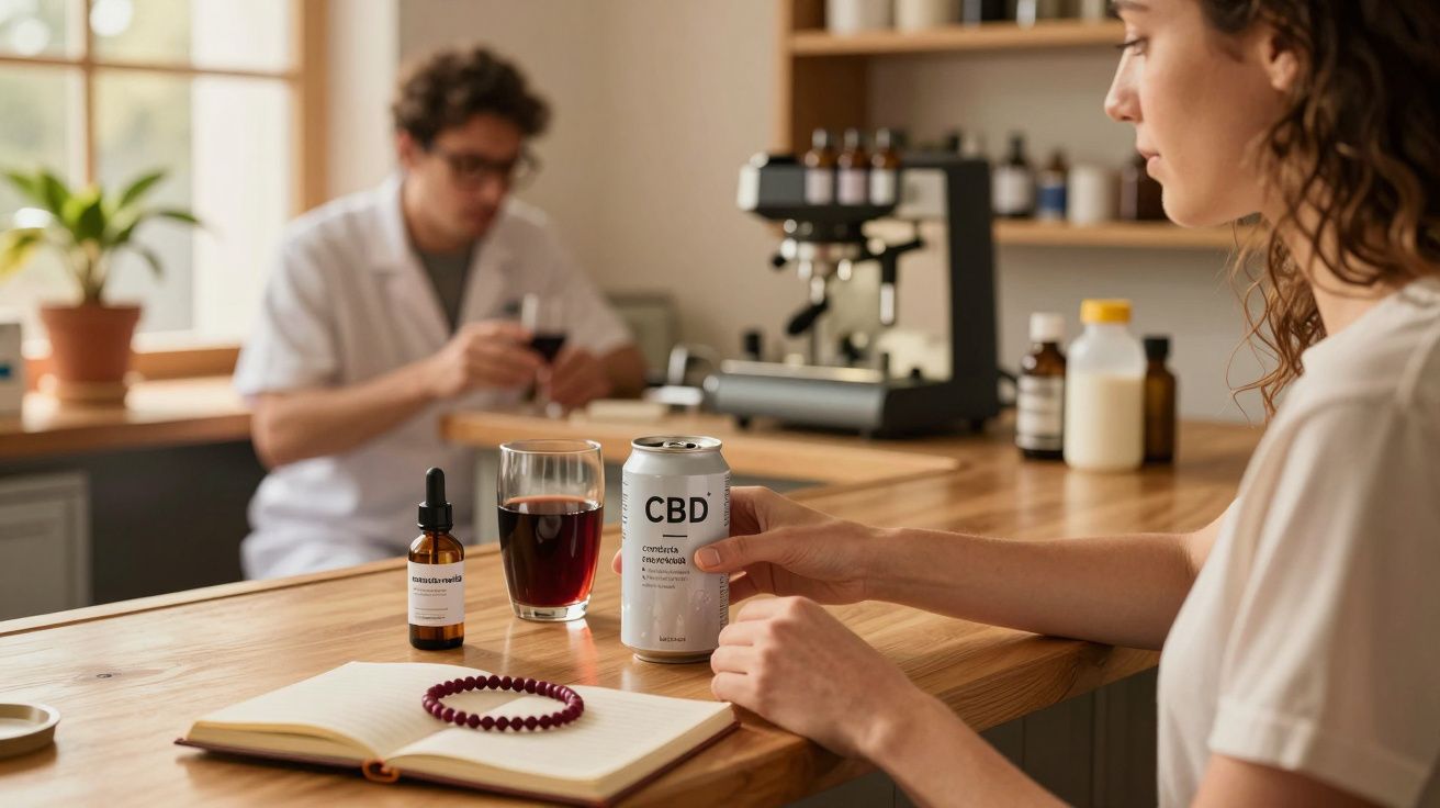 Mujer sosteniendo lata de CBD junto a cuaderno en laboratorio, con hombre al fondo examinando muestras.