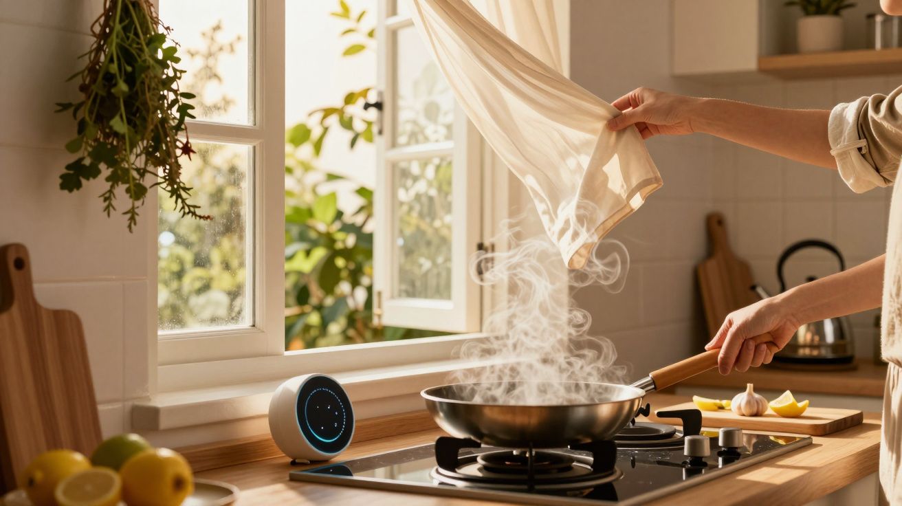 Persona cocinando en una cocina luminosa, vapor sobre sartén, ventana abierta y cortina ondeando, con dispositivo inteligente