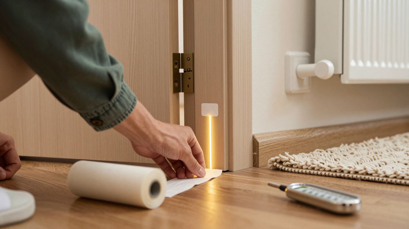 Persona colocando una tira de sellado en la base de una puerta de madera. Herramientas y alfombra cerca del radiador.