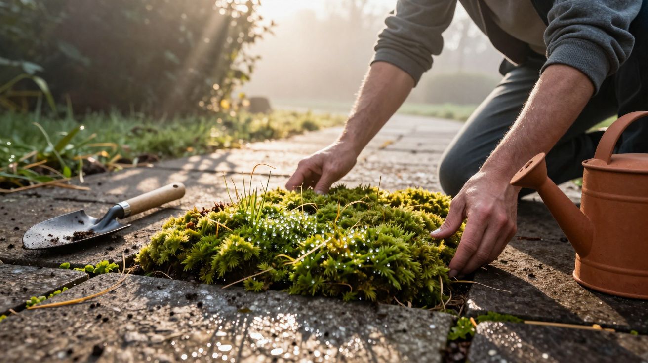Persona plantando musgo en un camino de piedra al amanecer, con regadera y paleta al lado.