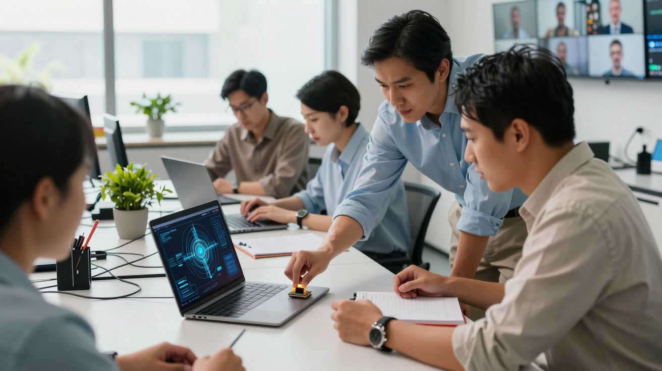 Personas en una sala de reuniones analizando datos en portátiles, con pantallas y plantas en el fondo.