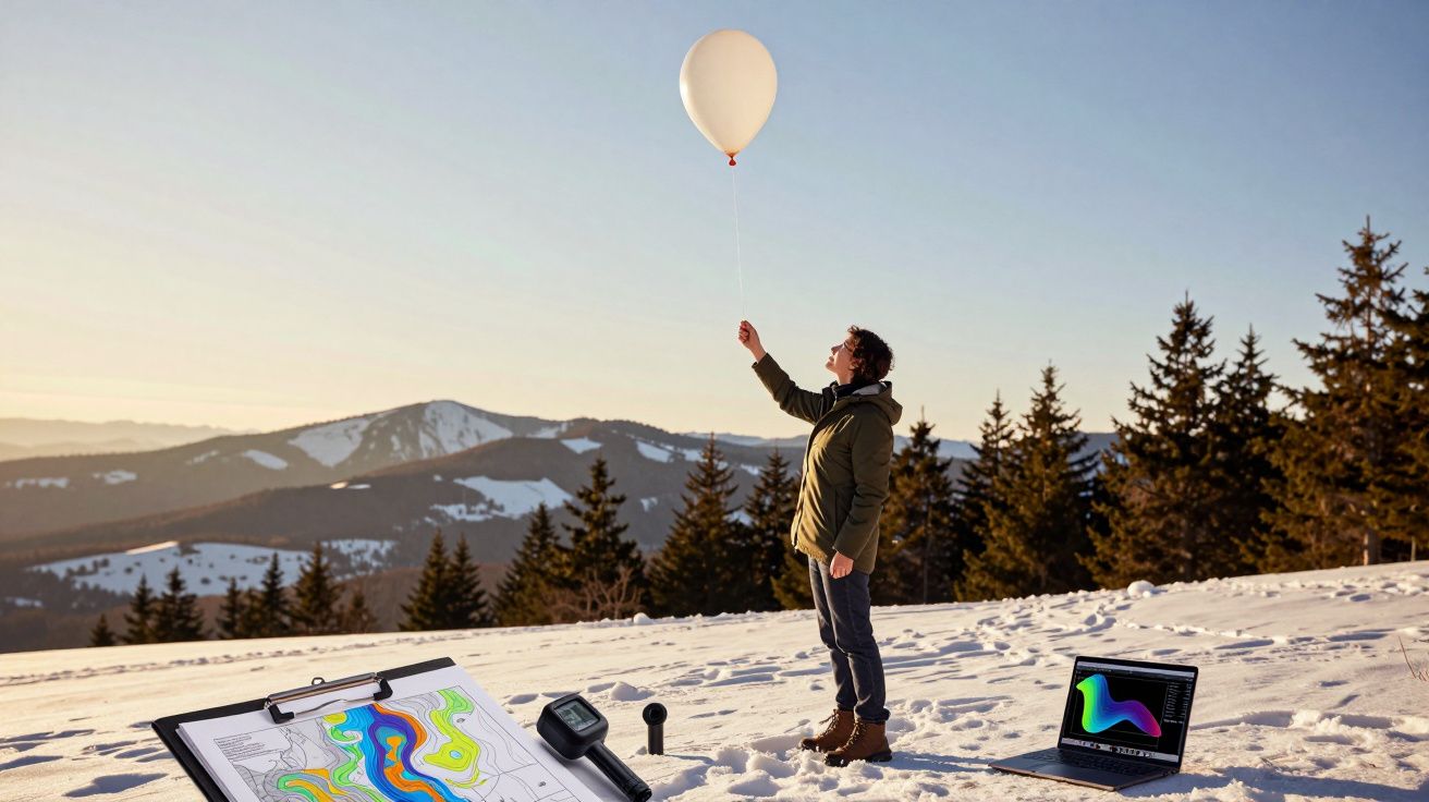 Persona en la nieve sostiene un globo, con ordenador y mapas al lado, rodeada de montañas y árboles al fondo.