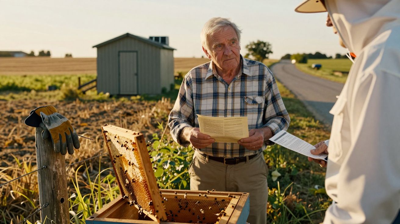 Hombre mayor sostiene papel frente a colmena abierta en un campo, dialogando con persona en traje de apicultor.