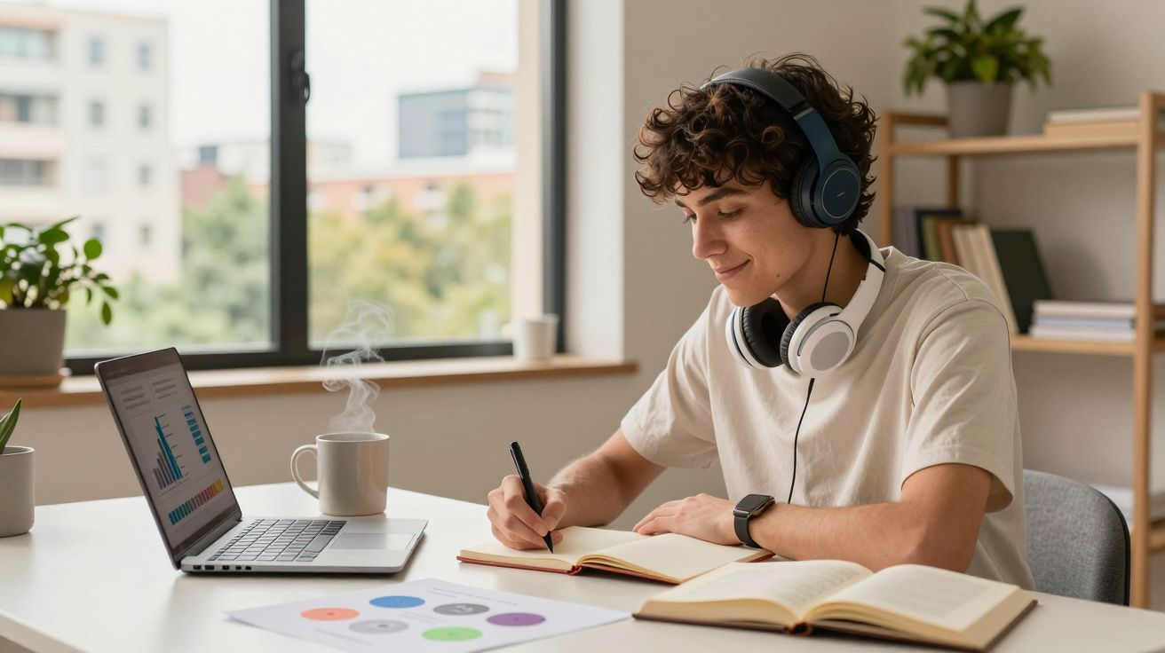 Joven con auriculares estudiando en un escritorio, usando un portátil y tomando notas. Hay una taza humeante al lado.