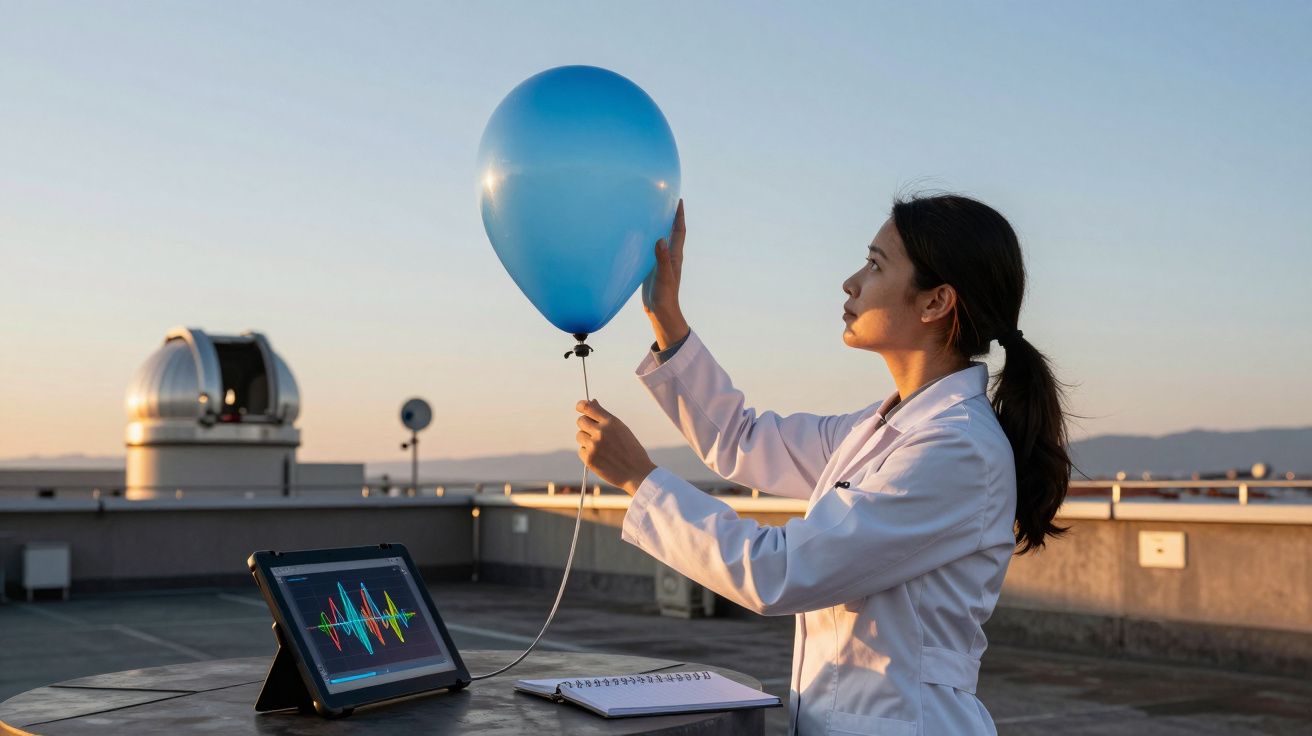 Científica con bata blanca sostiene un globo azul en la azotea, junto a una tableta con gráficos coloridos.