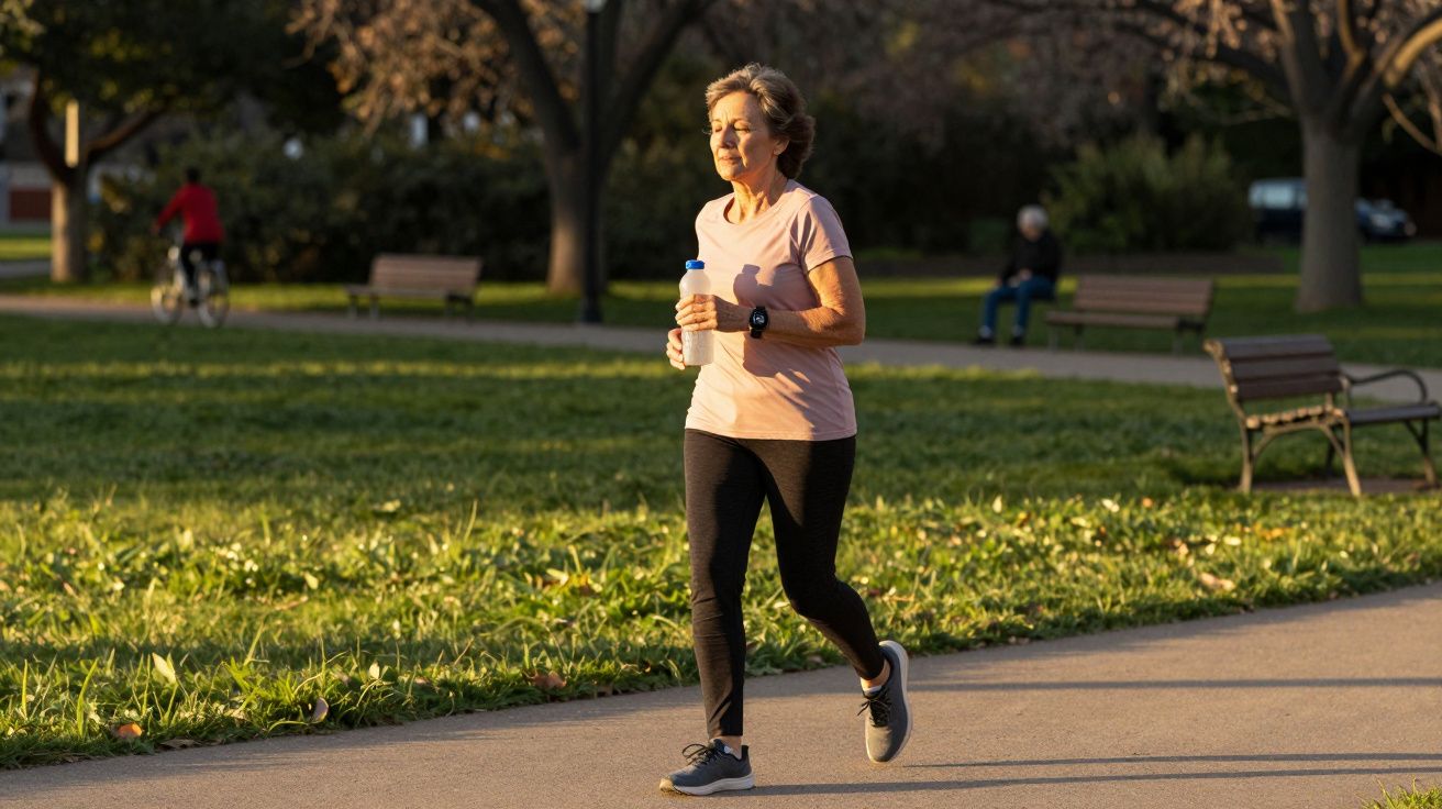 Mujer mayor caminando en un parque, sosteniendo una botella de agua, con ciclistas y bancos al fondo.