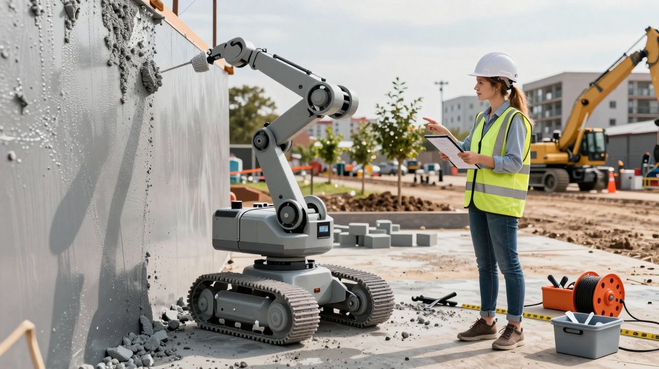 Mujer ingeniera con casco y chaleco observando un robot de construcción trabajando en una pared en un sitio de obra.