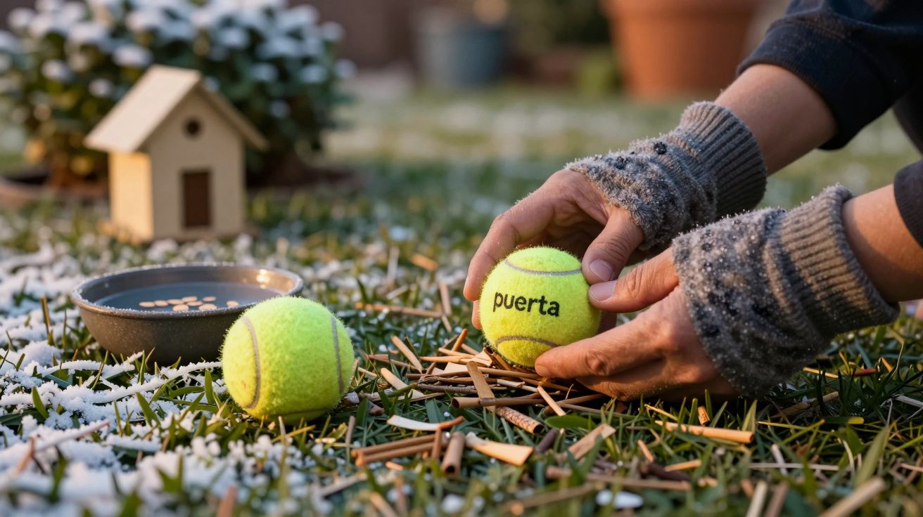 Manos con guantes colocando pelotas de tenis y palitos en césped nevado junto a una casa de pájaros y un cuenco.