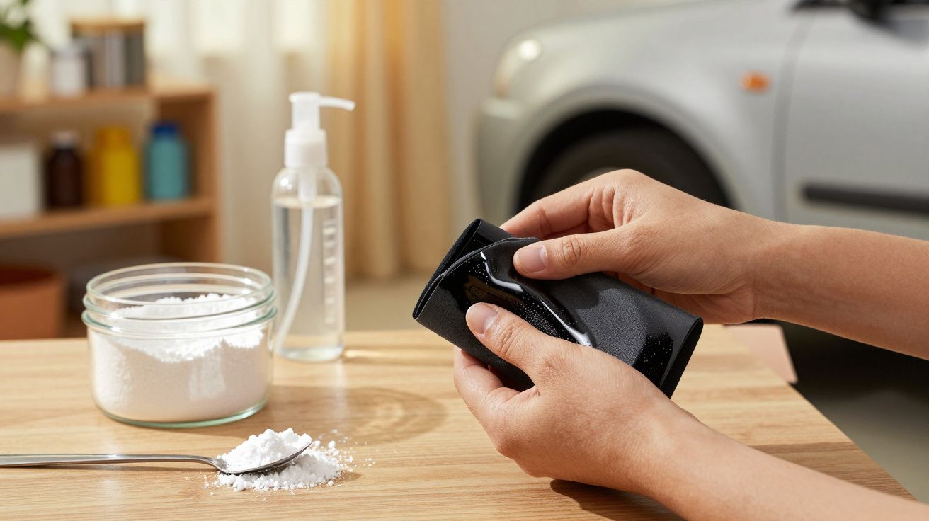 Persona usando ambientador negro cerca de frasco de polvo blanco, cuchara y botella transparente en una mesa de madera.