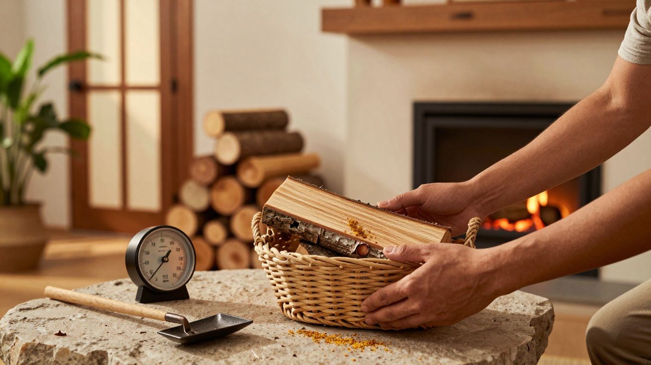 Persona colocando leña en una cesta frente a una chimenea encendida, con termómetro y pala en mesa de piedra.