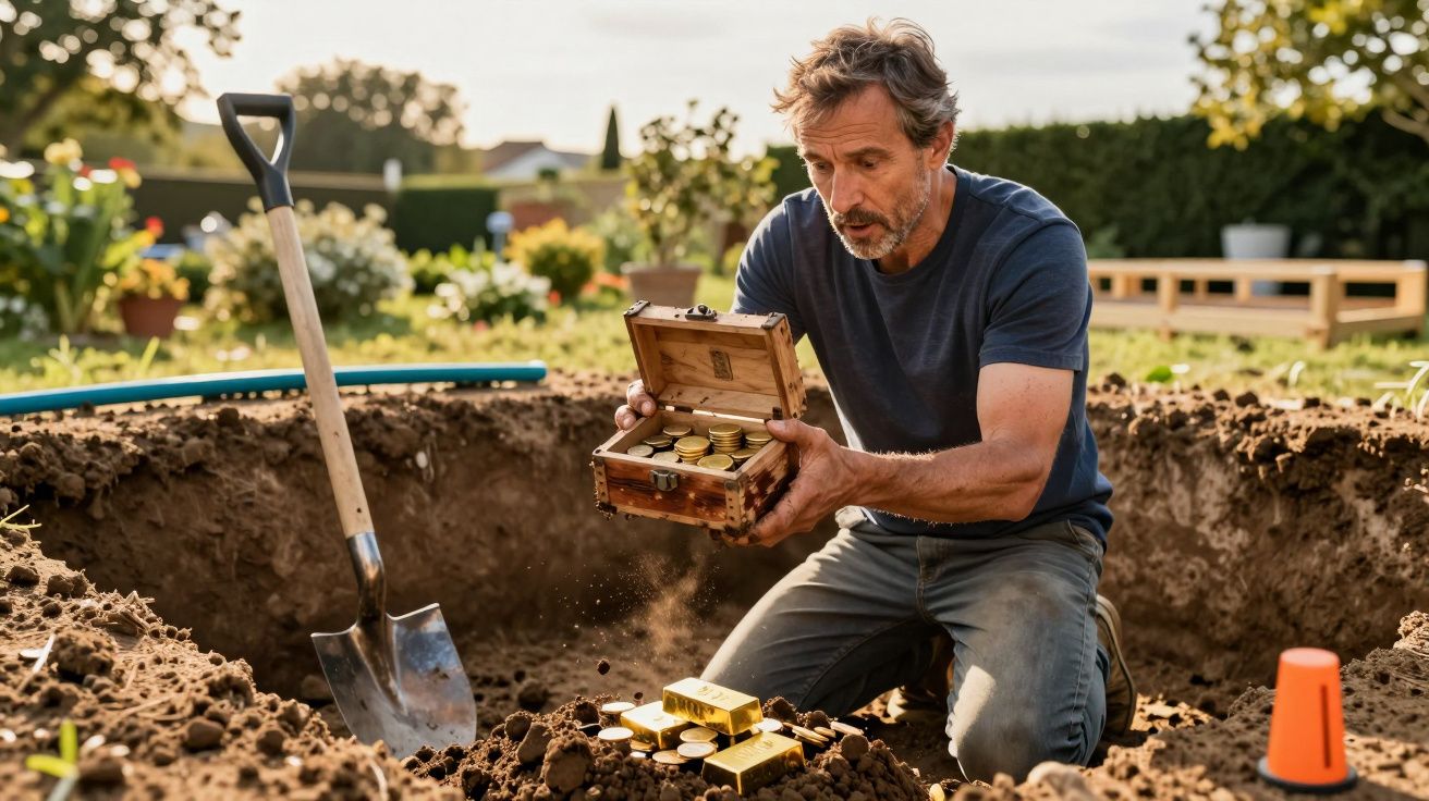 Hombre en un hoyo de tierra sostiene cofre con monedas y lingotes de oro. Pala y cono naranja visible cerca.