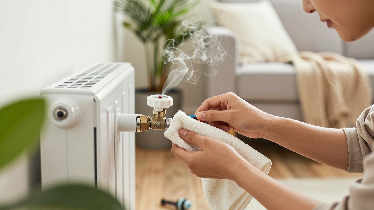 Persona purgando un radiador en una sala de estar con vapor saliendo de la válvula y toalla en mano.
