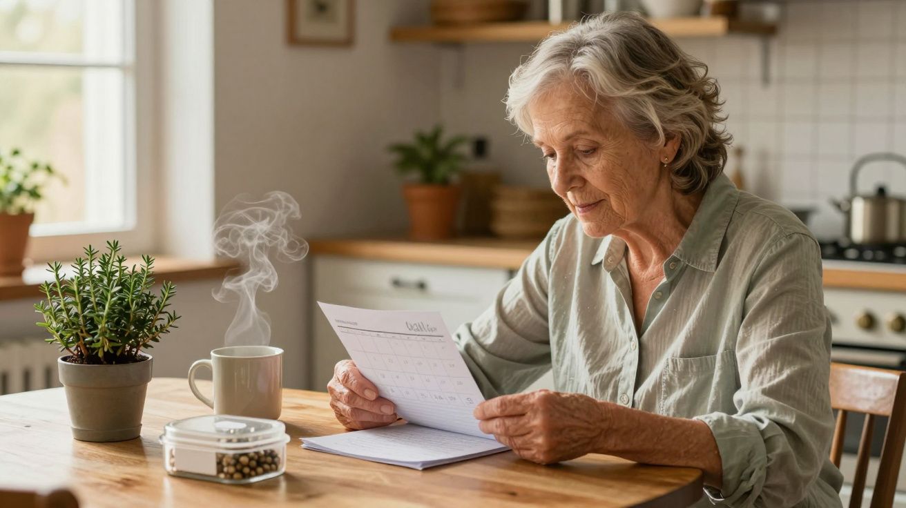 Persona mayor leyendo un documento en la mesa de una cocina acogedora, junto a una taza humeante y una planta.