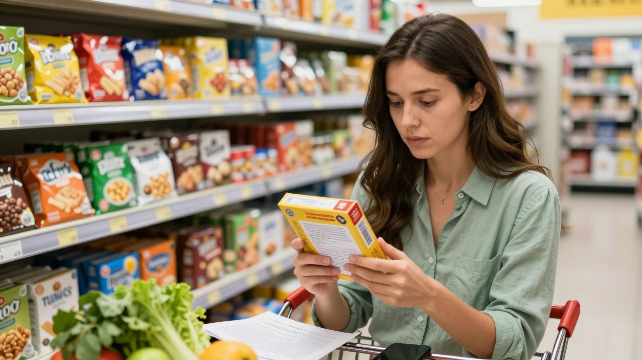 Mujer en supermercado leyendo la etiqueta de una caja, con un carrito lleno de verduras y una lista de compras.