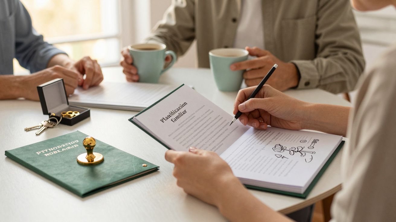 Personas leyendo libros y tomando café, con un cuaderno de planificación familiar y llaves en la mesa.