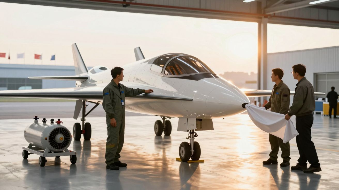 Tres personas en hangar con avión pequeño blanco, al atardecer, una sujetando una tela en la punta de la aeronave.