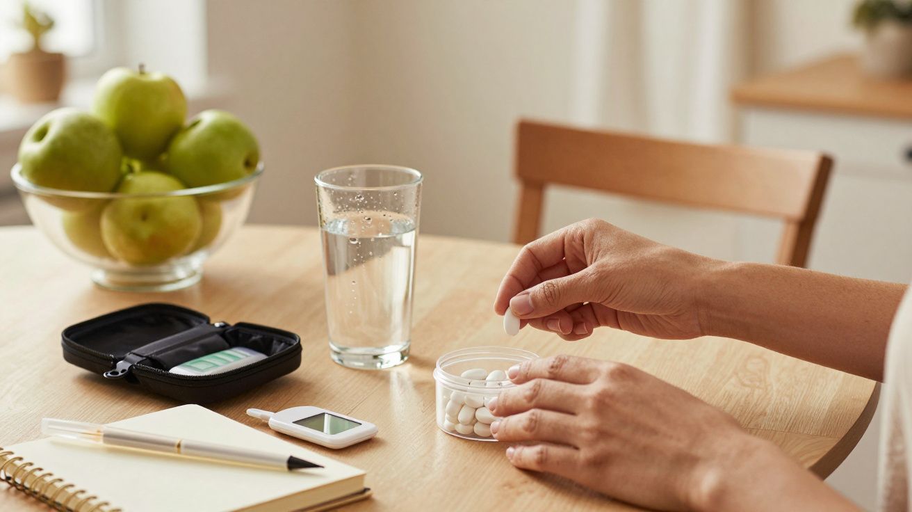 Manos sacando pastillas de un bote sobre mesa con vaso de agua, cuaderno, glucómetro y frutero con manzanas.