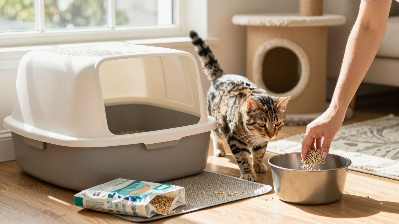 Gato junto a una caja de arena y un comedero, mientras una persona agrega comida en un bol.